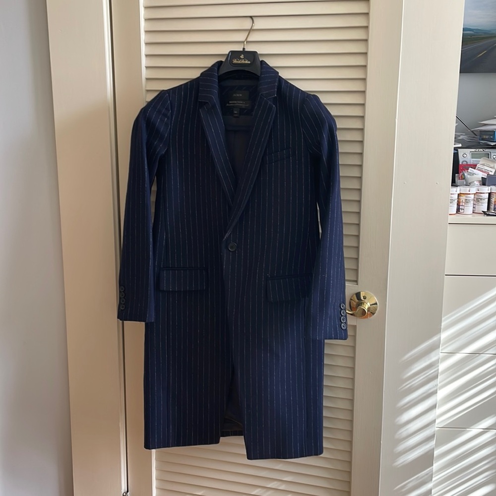 J Crew navy blue pin stripe wool long coat